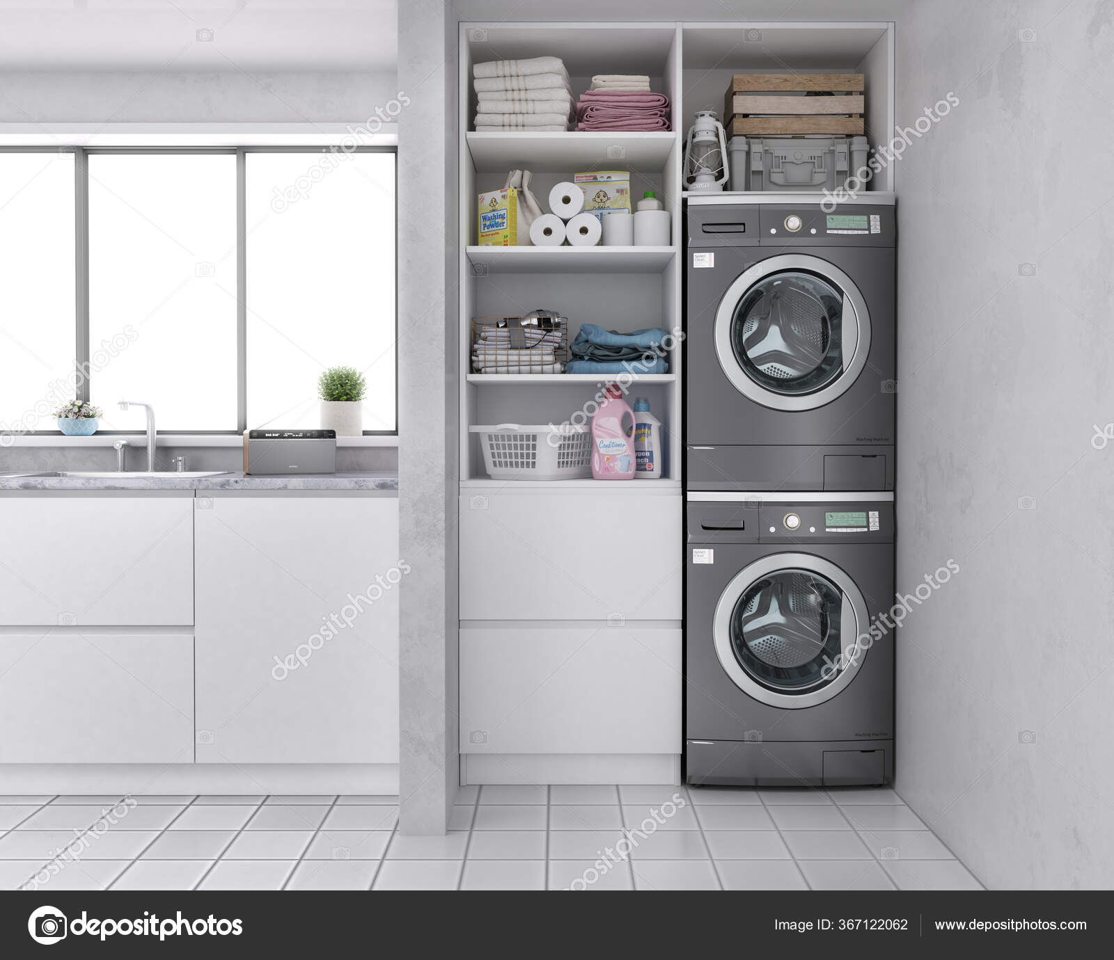 Waschküche Mit Waschmaschine Und Trockner Hölzerne Kabinette Und Wanne  Stockbild - Bild von frei, architekt: 74633123