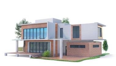 Kiralık ya da satılık bir ev. Beyaz arka planda modern bir ev. 3d illüstrasyon