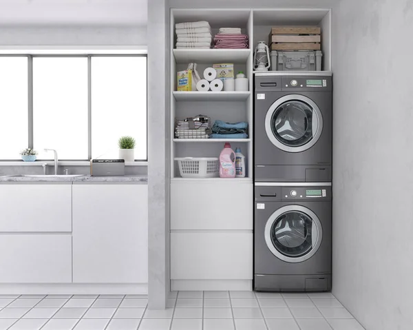 洗衣房 衣柜里的洗衣机 厨房里的衣服 3D说明 — 图库照片