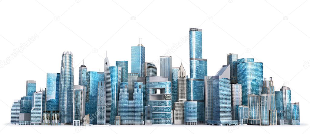 line of skyscrapers. City skyline isolated on a white. 3d illustration