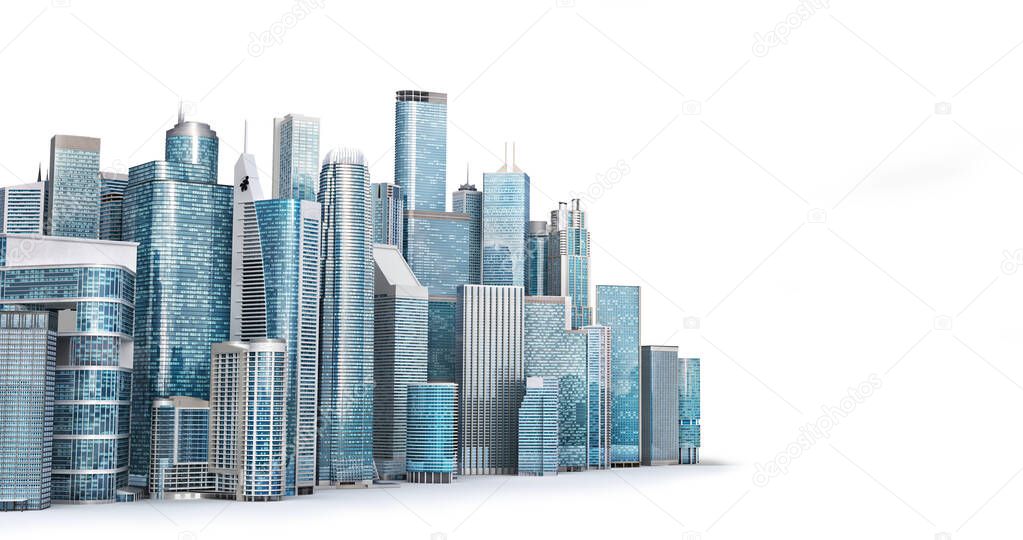 line of skyscrapers. City skyline on a white. 3d illustration