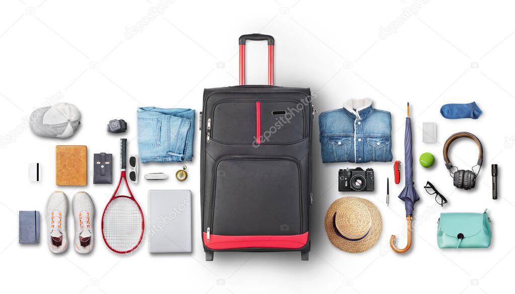 Recreation concept. Suitcase with accessories for traveling.