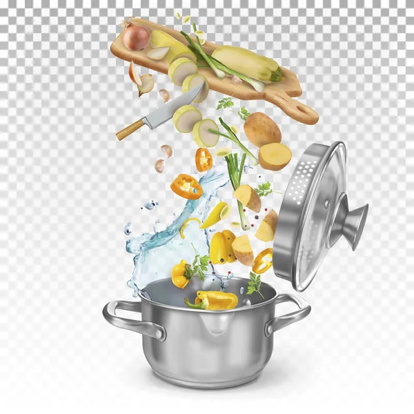 Open Pan Splash Water Chopped Knife Chopped Pepper Zucchini Potatoes — Stock Vector