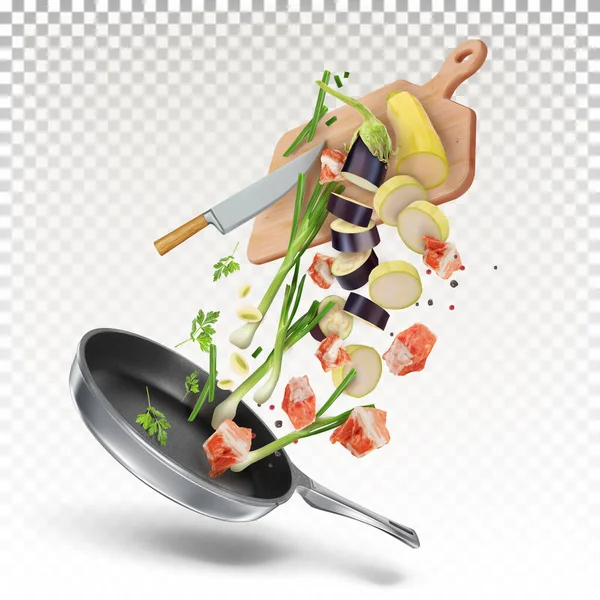 西葫芦 生肉片 欧芹从厨房的板上掉在一个煎锅上 烹饪的配方 矢量说明 — 图库矢量图片