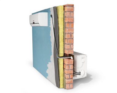 Beyaz zemin üzerinde her iki tarafında bağlı klima blokları olan katmanlı duvar, 3d illüstrasyon