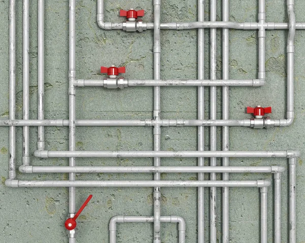 Трубы Стальной Воды Красными Кранами Перед Бетонной Стеной Иллюстрация — стоковое фото