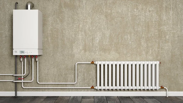 Boiler Water Pipes Radiator Front Concrete Wall Illustration — Stock Photo, Image