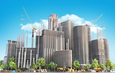 Yapım aşamasındaki gökdelenlerden. Şehir silüeti. 3d illüstrasyon