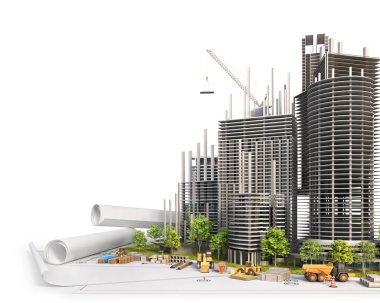 Planda gökdelenler var. İnşaat konsepti. 3d illüstrasyon