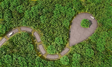 Seyahat konsepti. Ormandaki yol bir tür seyahat noktası. 3d illüstrasyon