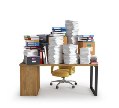 Ofis masasında bir yığın belge ve klasör. Karton kutular. Sandalye masası. 3d illüstrasyon