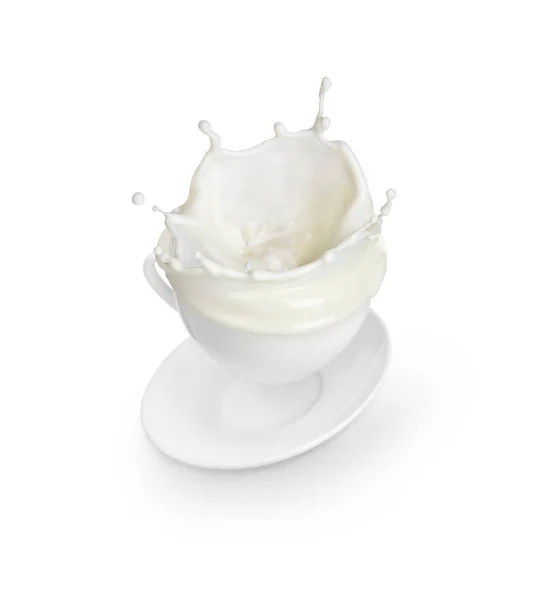 Spritzer Milch Einer Tasse Auf Weißem Hintergrund — Stockfoto