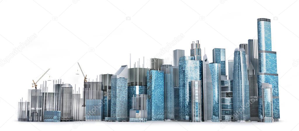 line from skyscrapers in building process. City skyline isolated on a white. 3d illustration