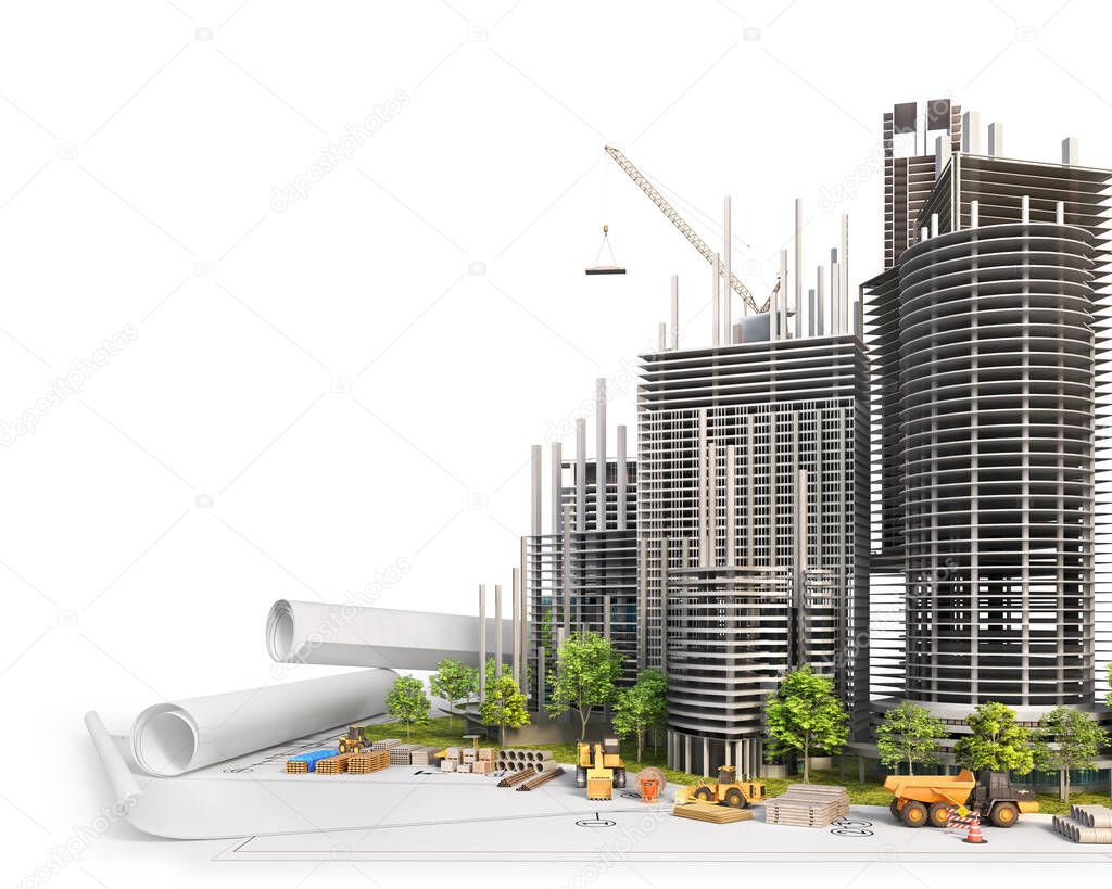 Skyscrapers on the blueprint. Construction concept. 3d illustration