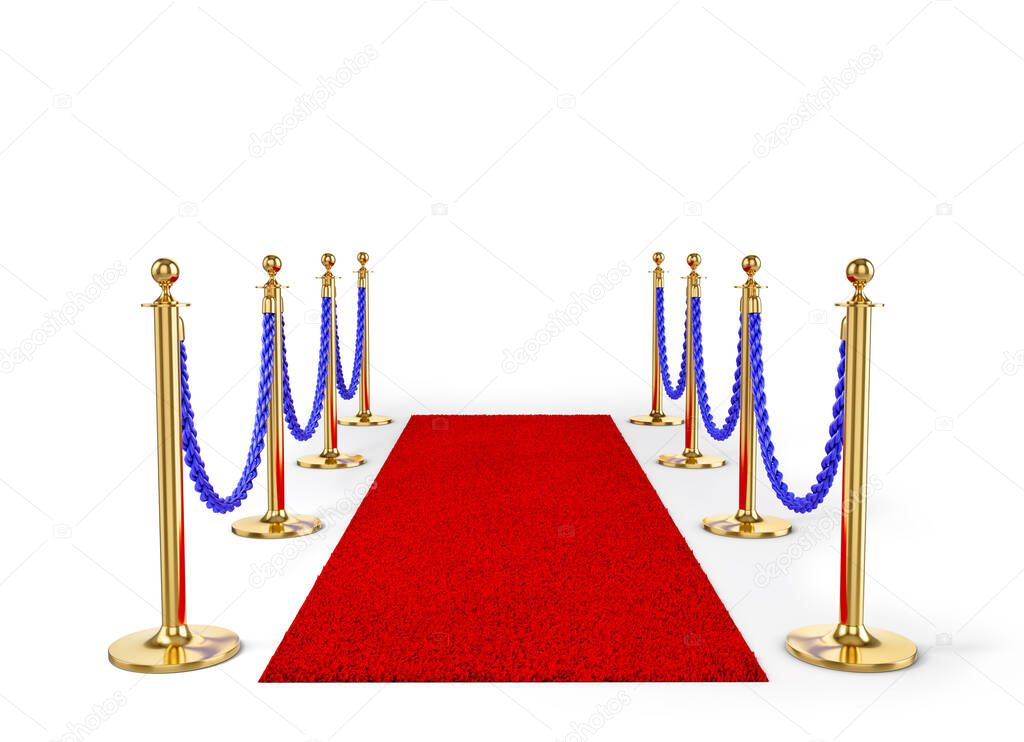 Rope fencing with red carpet isolated on a white background. 3d illustration