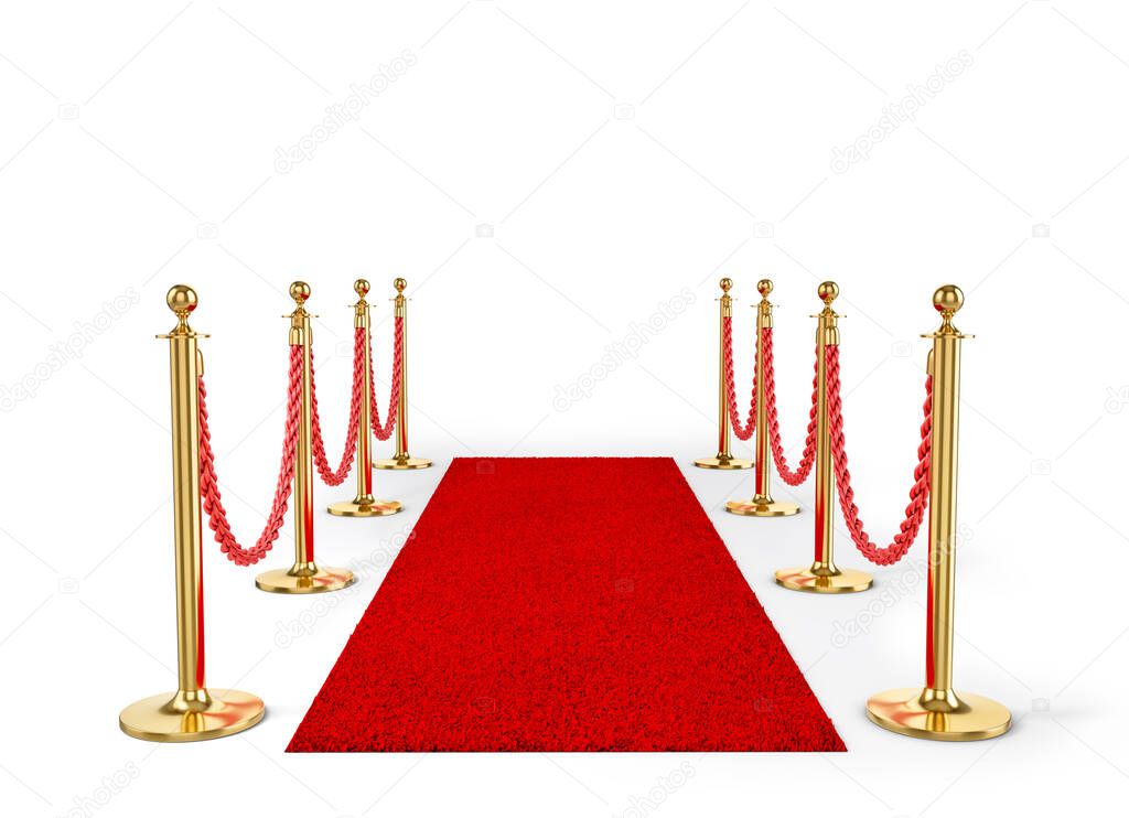 Rope fencing with red carpet isolated on a white background. 3d illustration