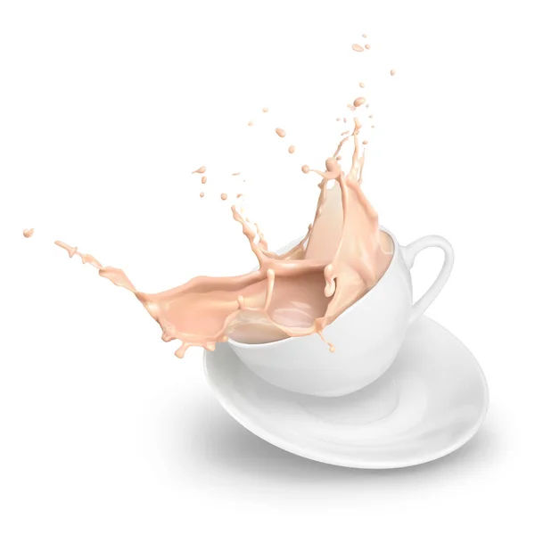 3D现实的咖啡与牛奶 卡布奇诺 茶与牛奶在白杯和茶托 白色背景下分离的病媒飞舞饮料组合 — 图库矢量图片