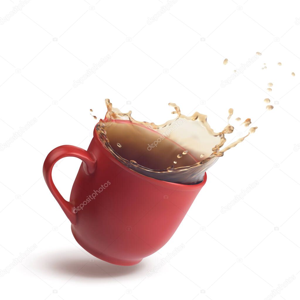 Red cup with a splash of tea or coffee in the dynamics. 3d realistic vector illustration isolated on white background.