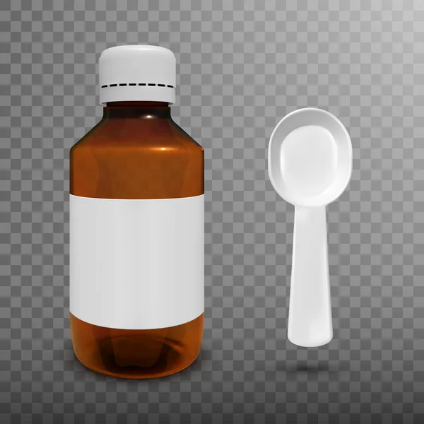 Botella Con Jarabe Médico Cuchara Plástico Medición Sobre Fondo Transparente — Vector de stock