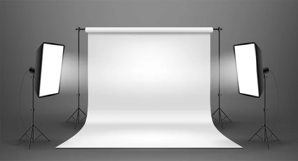 Studio Photo Avec Écran Blanc Sur Fond Gris — Image vectorielle