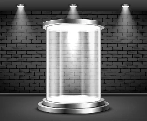 Runde Glasvitrine Mit Licht Inneren Auf Backstein Hintergrund Realistische Vektorillustration — Stockvektor