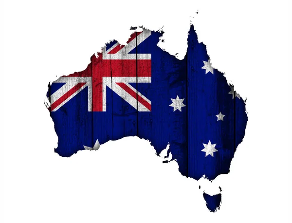 Mapa e bandeira da Austrália em madeira intemperizada — Fotografia de Stock