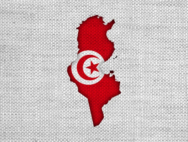 Χάρτης και σημαία της Τυνησίας στον παλιό λινό — Φωτογραφία Αρχείου