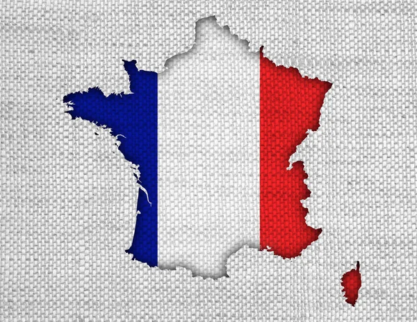 Χάρτης και σημαία της Γαλλίας στον παλιό λινό — Φωτογραφία Αρχείου