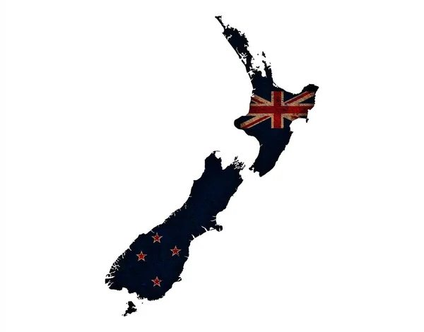 Mappa e bandiera della Nuova Zelanda su metallo arrugginito , — Foto Stock