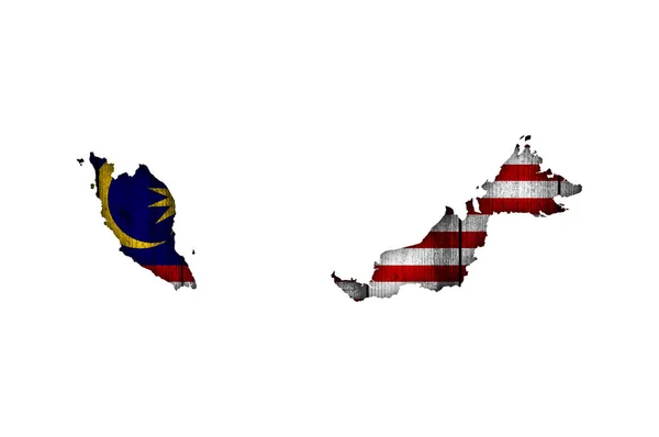 Mappa e bandiera della Malesia sul legno intemperie — Foto Stock