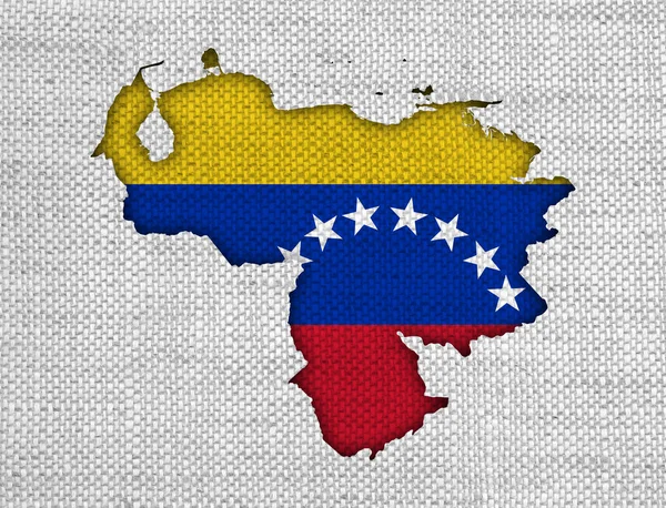 地图和国旗的委内瑞拉旧亚麻布 — 图库照片