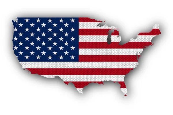 地図、古いリネンの米国の旗 — ストック写真