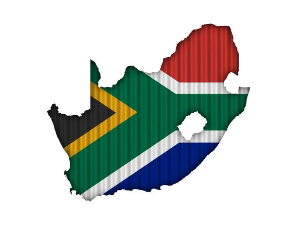 Mapa y bandera de Sudáfrica sobre hierro ondulado — Foto de Stock