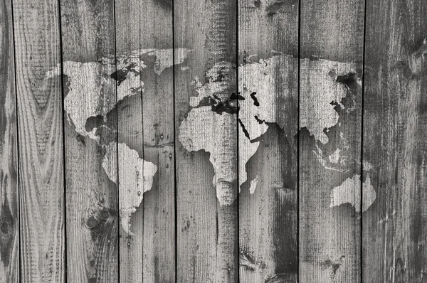 Karta över världen på weathered trä — Stockfoto
