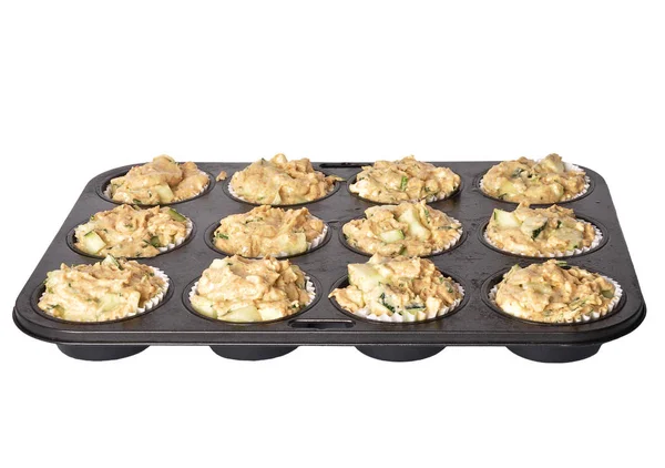 Baking pan with raw vegetable muffins isolated — Stock Photo, Image