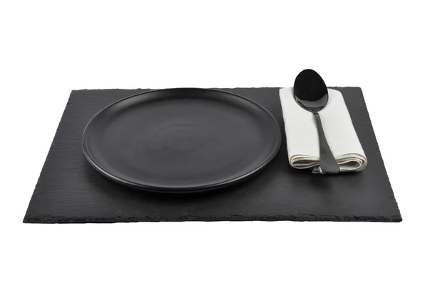 Table setting on slate isolated — Stock Photo, Image