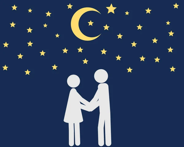 Man och kvinna håller händerna framför stjärnhimlen — Stock vektor