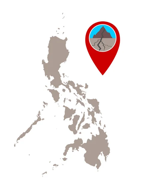 Mappa delle Filippine e pin con simbolo del terremoto — Vettoriale Stock