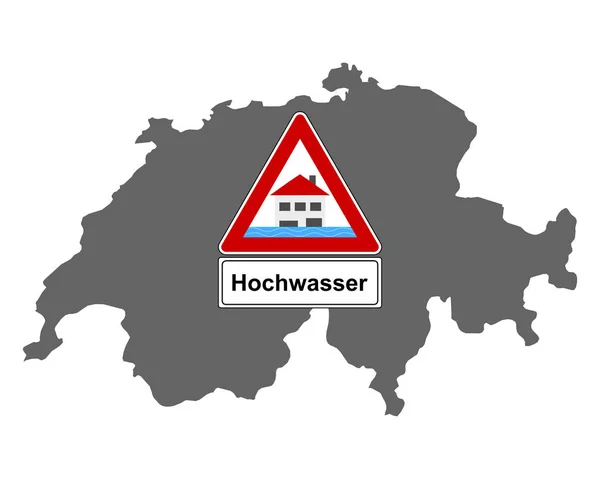 Kaart van Zwitserland en verkeersbord overstroming — Stockvector