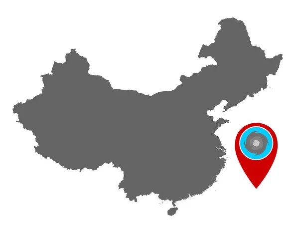 Mapa de China y pin con advertencia de huracán — Vector de stock