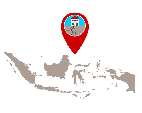 Mapa da Indonésia e pino com símbolo de terremoto —  Vetores de Stock