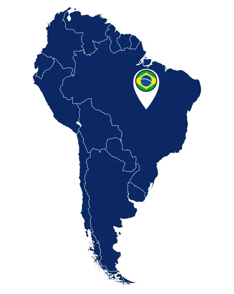 Флаг Бразилии по значку местоположения и карте Южной Америки — стоковый вектор
