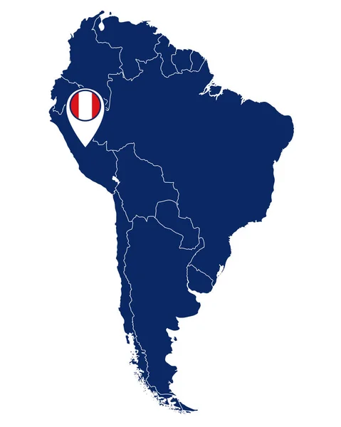 Bandera de Perú en el pin de ubicación y el mapa de América del Sur — Archivo Imágenes Vectoriales