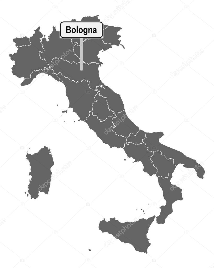 Map of Italy with road sign of Bologna