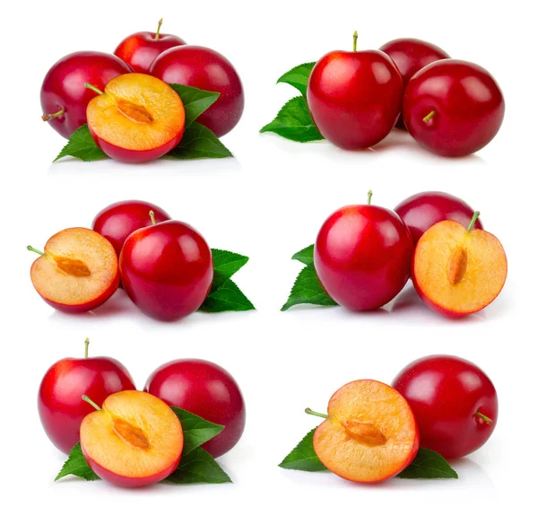 Set of red plum fruits with green leaves and slice isolated — Stock Photo, Image
