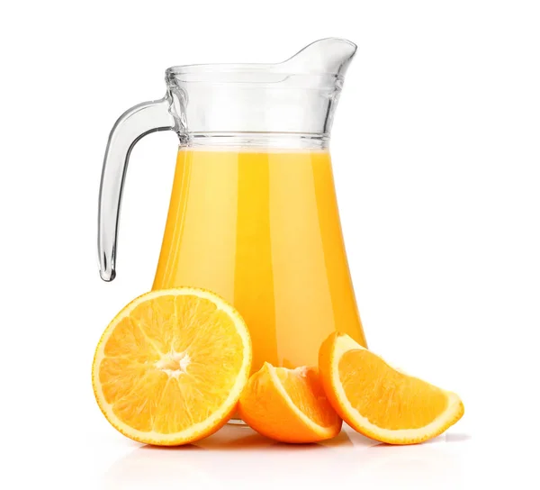 Jug with fresh orange juice and fruits isolated — Stock Photo, Image