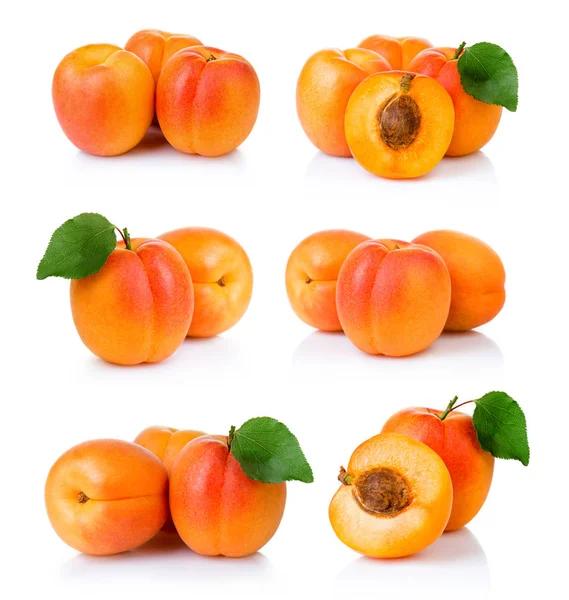 Set of ripe apricot fruits with with green leaf and slice isolat — Stock Photo, Image