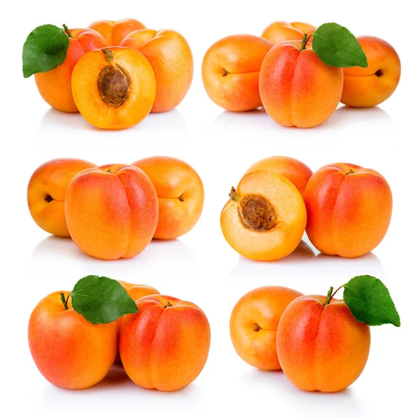 Set of ripe apricot fruits with with green leaf and slice isolat — Stock Photo, Image