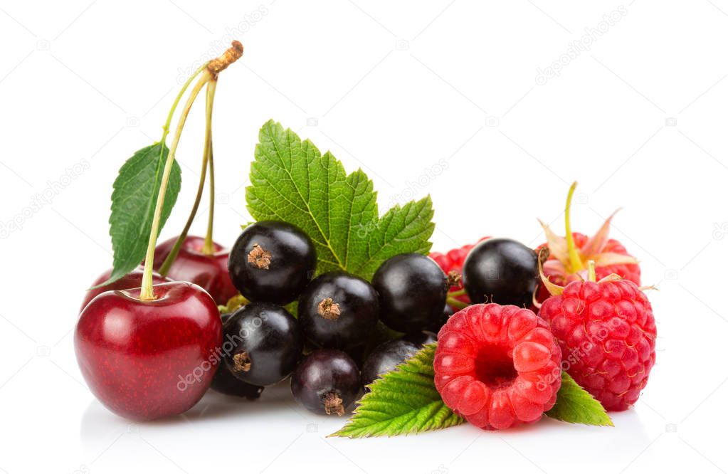 Various fresh summer berries (cherry, raspberry, black currant) 
