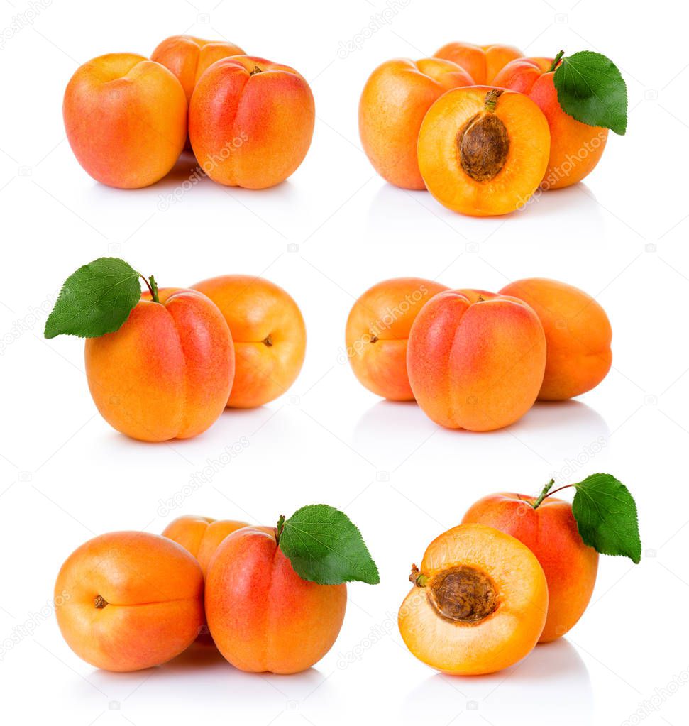 Set of ripe apricot fruits with with green leaf and slice isolat